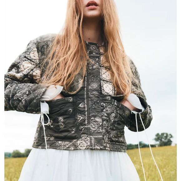 H&M Quilted Cotton Paisley Print Jacket Khaki Green XL - Picture 2 of 5